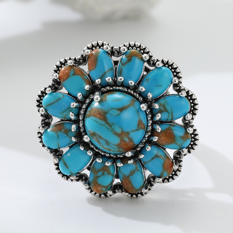 Turquoise & Silver Floral Ring