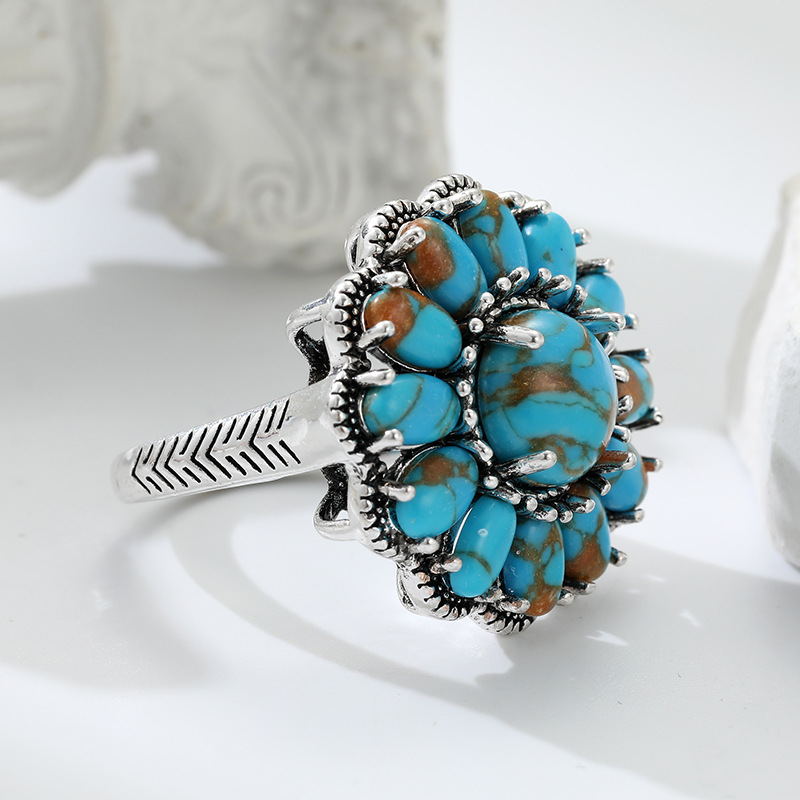 Turquoise & Silver Floral Ring