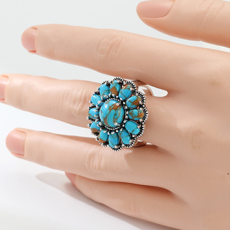 Turquoise & Silver Floral Ring