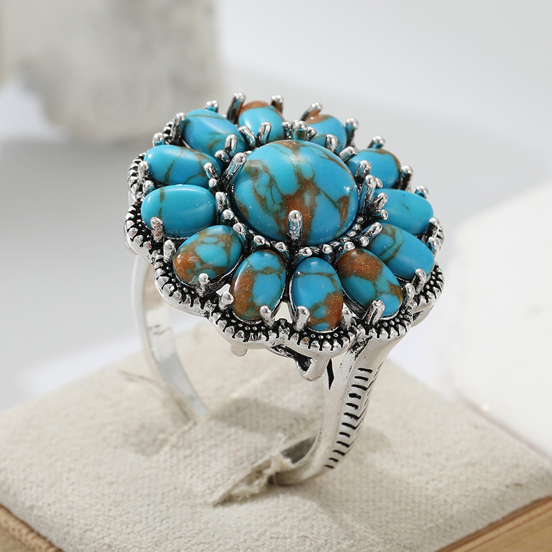Turquoise & Silver Floral Ring